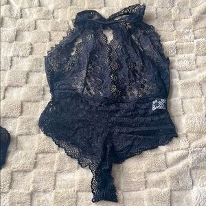 Black Lace Halter Bodysuit Lingerie M